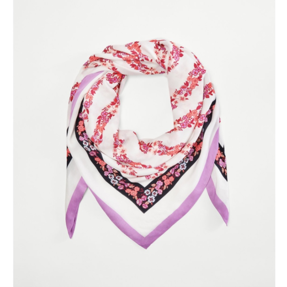 ANN TAYLOR Large Floral Border Scarf Pink Purple & White